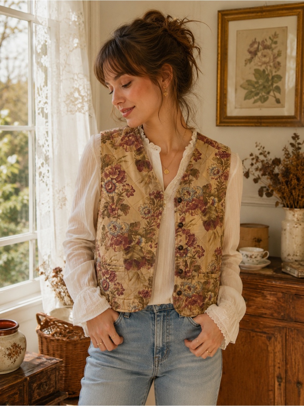 Liz Wear Vintage Floral Quilted Cottagecore Vest Prairie Boho